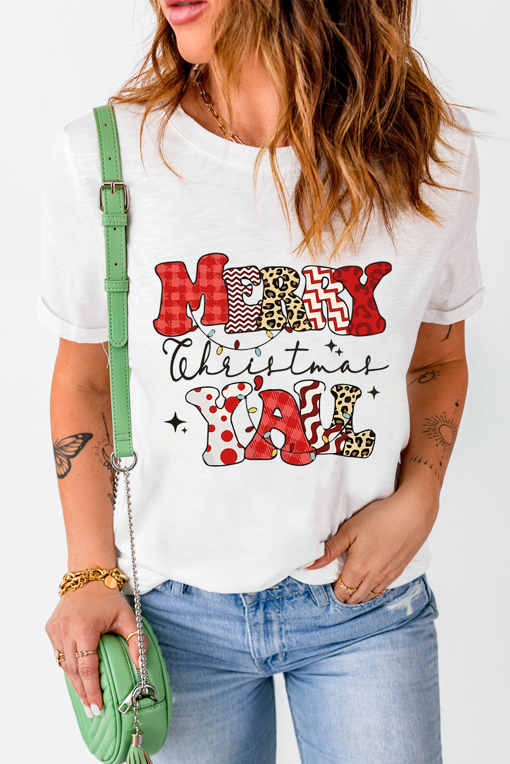 White MERRY Christmas Y'All Graphic Heat Transfer Printing Crewneck T Shirt