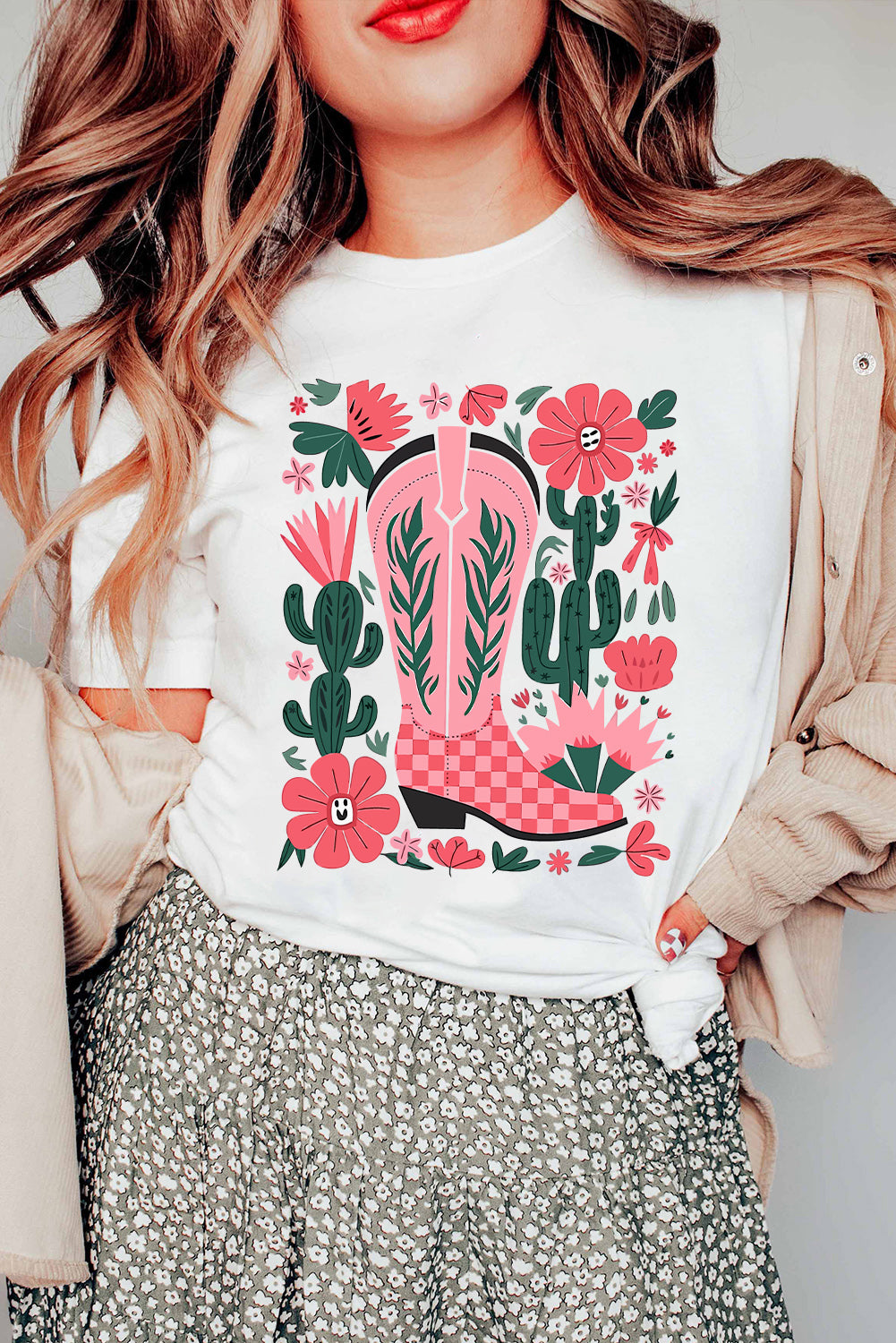 White Boots Flower Print Round Neck Graphic T Shirt