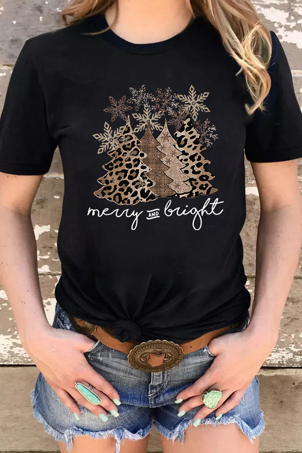 Black Leopard Christmas Tree Heat Transfer Printing Crew Neck Graphic T Shirt