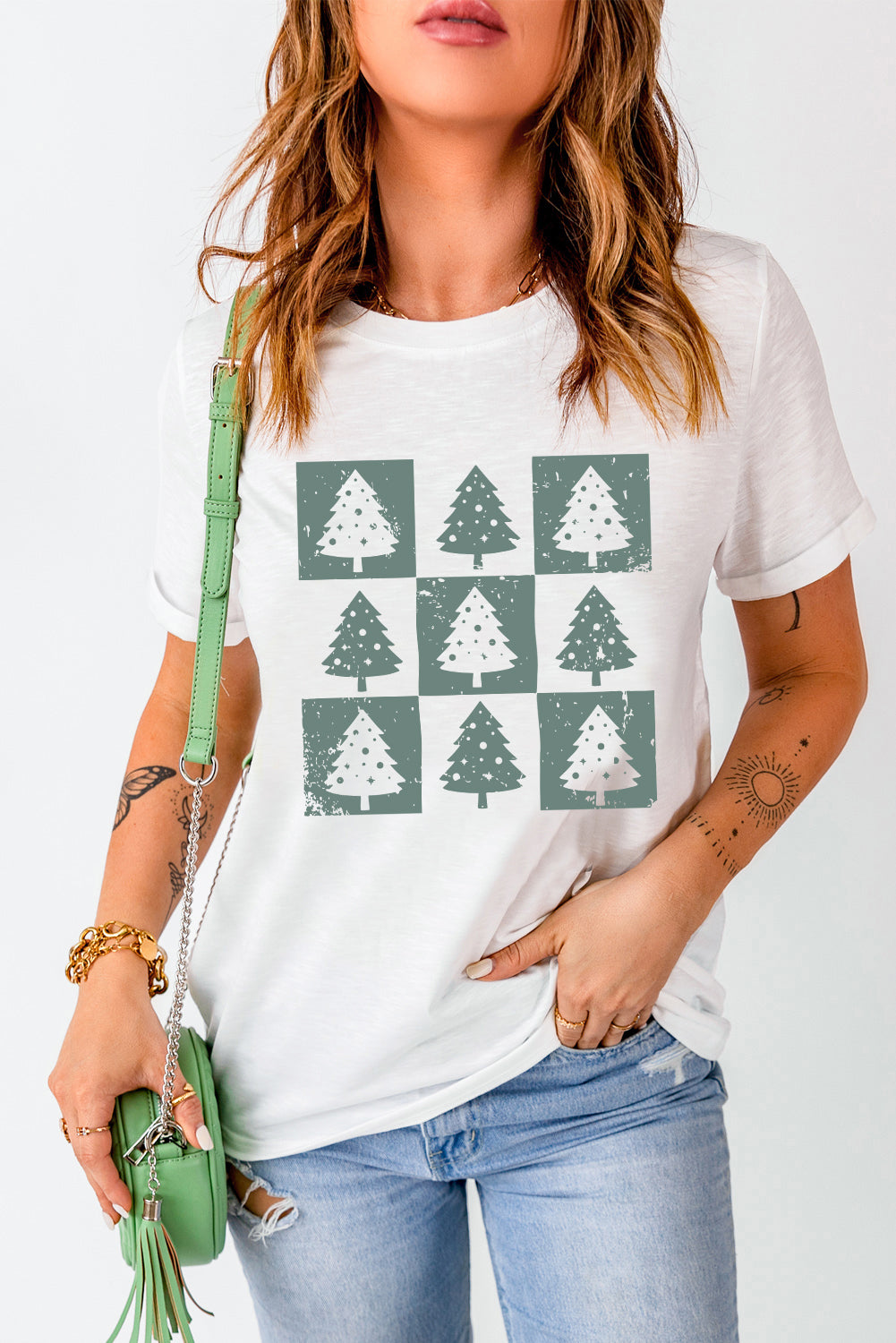 White Christmas Tree Checkered Distressed Heat Transfer Printing Graphic Tee