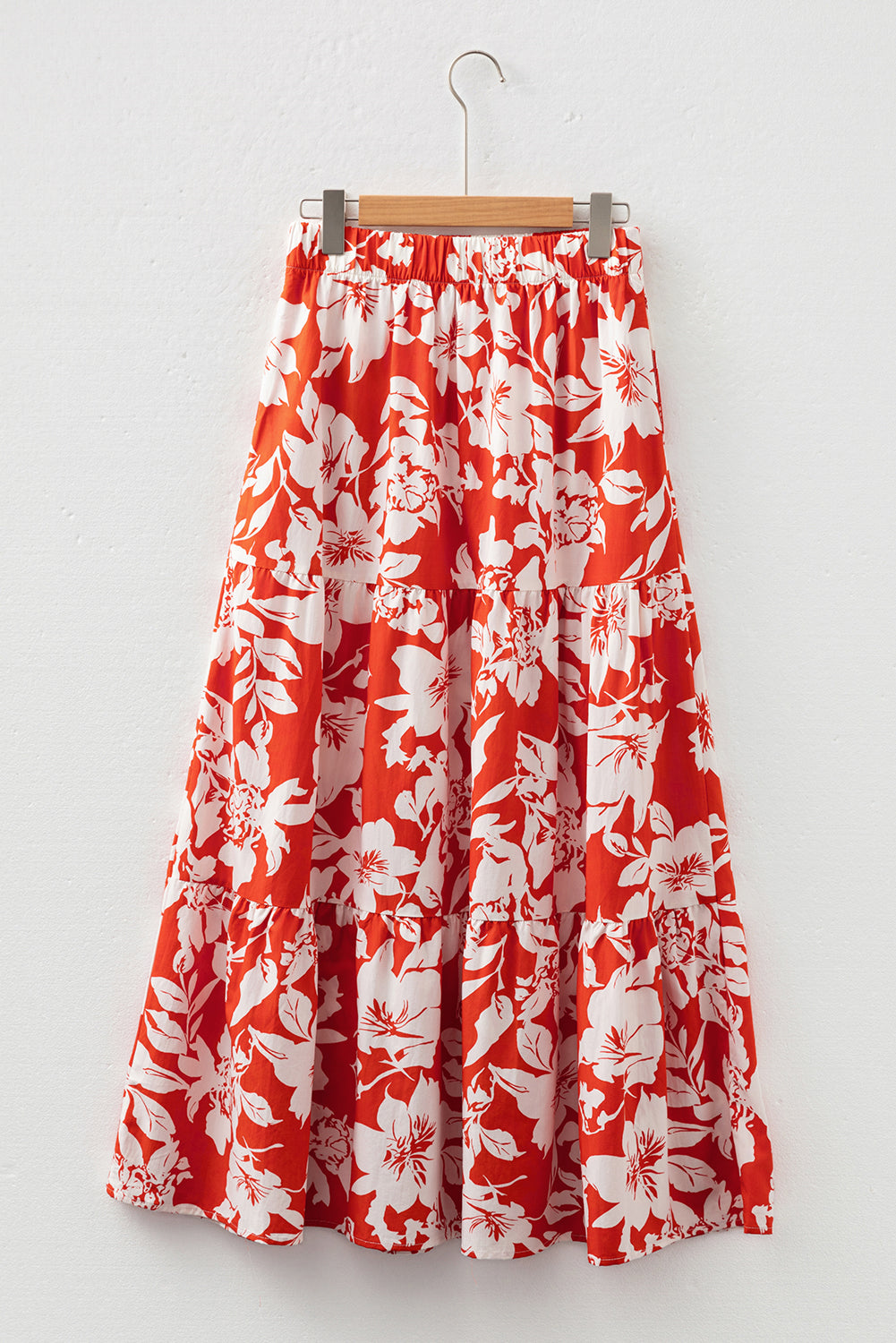 Red High Split Floral Tiered Maxi Skirt