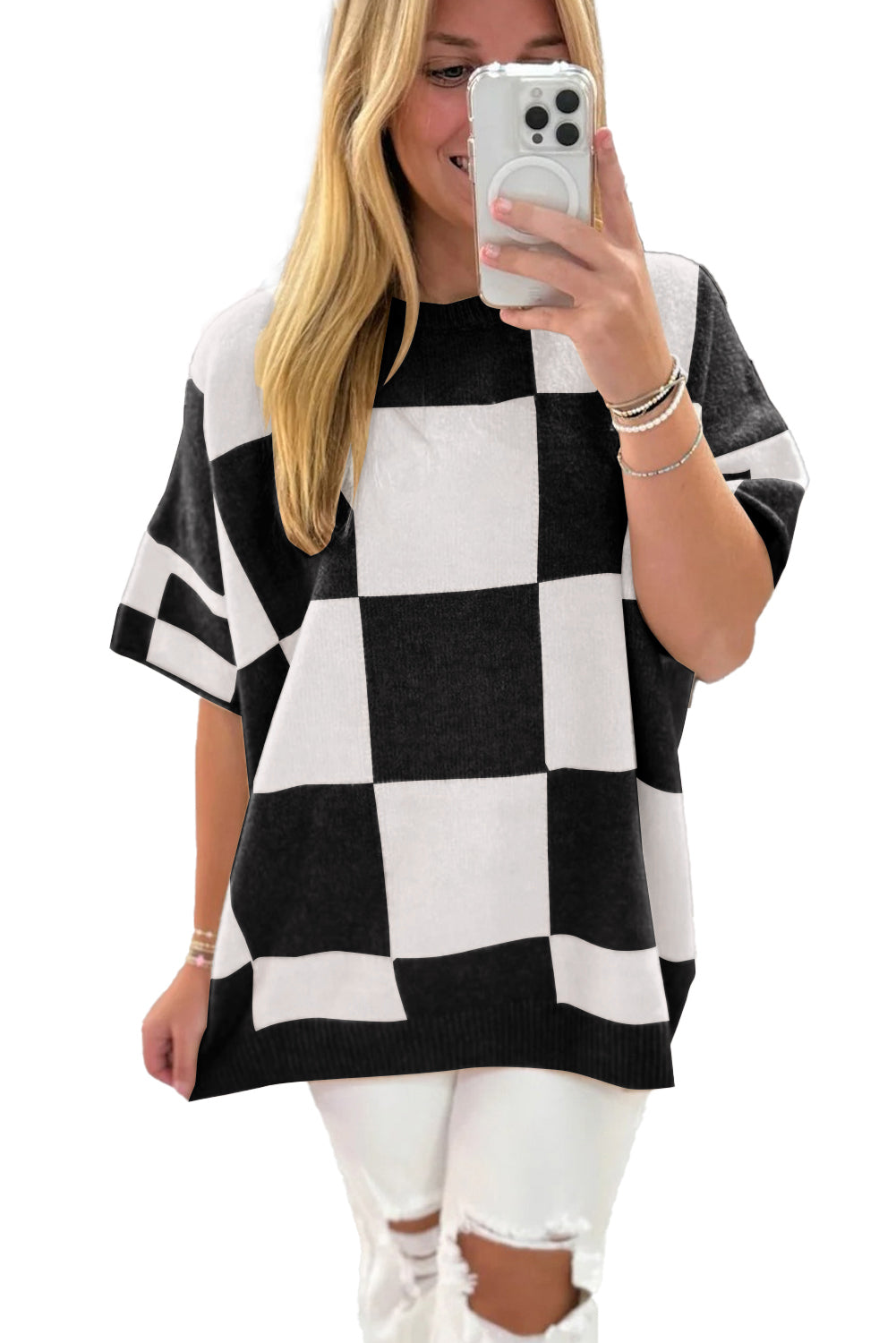 Black Checkered Pattern Loose Short Sleeve Sweater