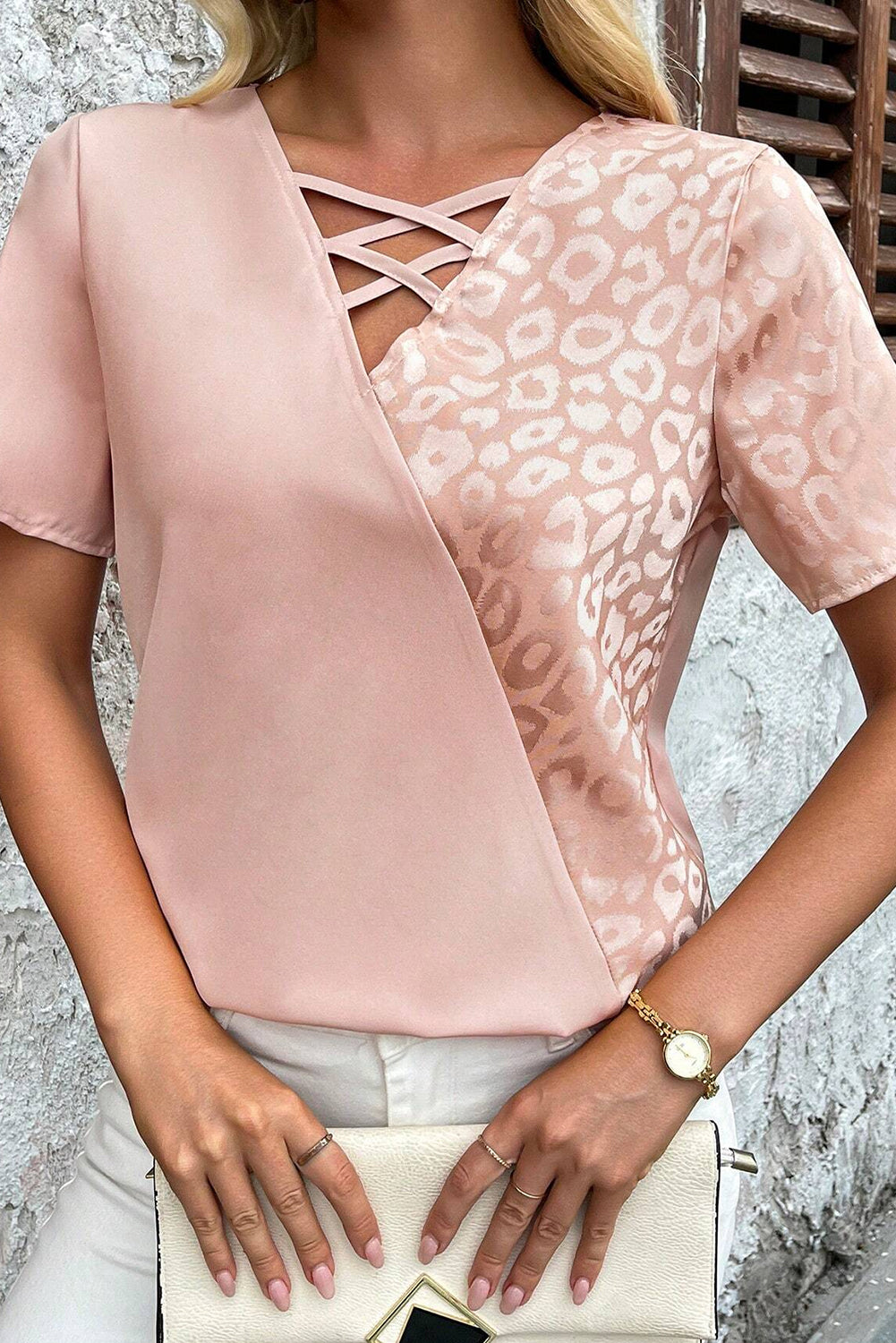 Apricot Pink Leopard Patchwork Cross Strappy V Neck Blouse