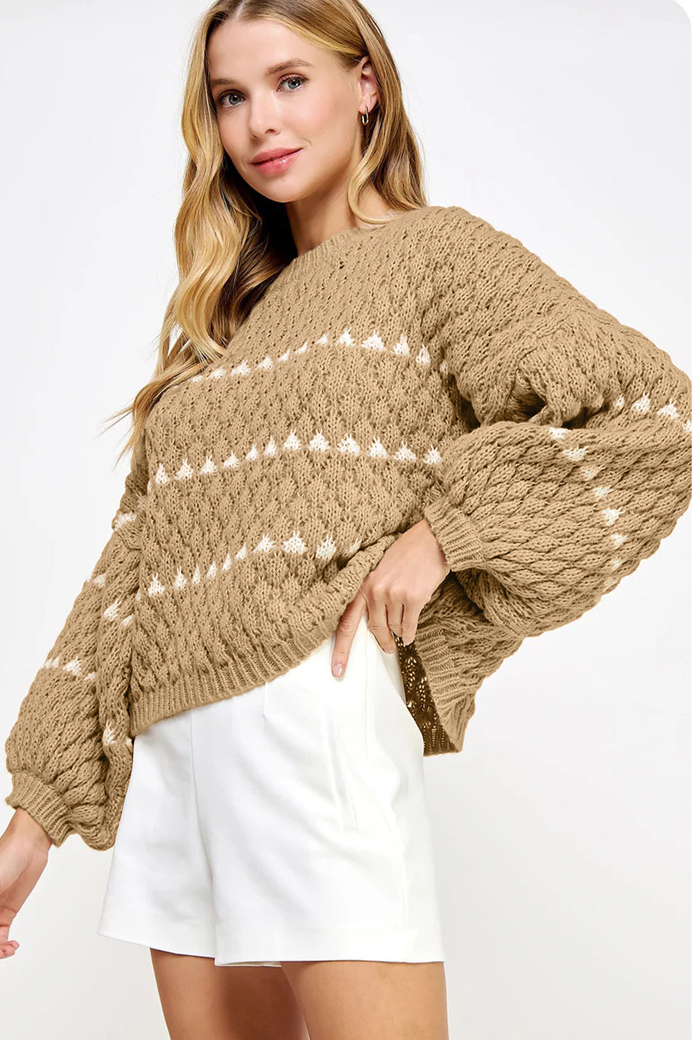 Pale Khaki Contrast Detail Textured Knit Puff Sleeve Baggy Sweater