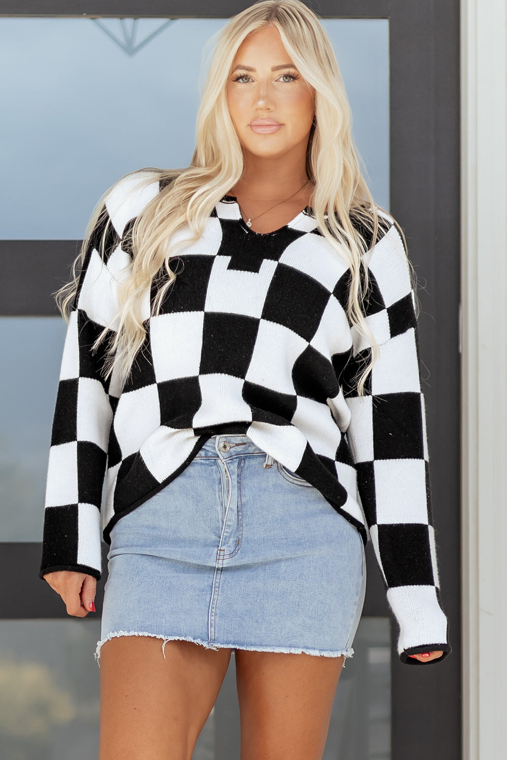 Black Checked Notched Neckline Drop Shoulder Knit Sweater