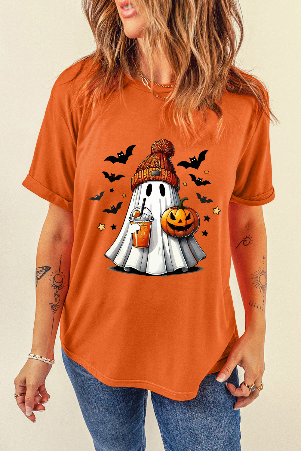 Orange Playful Halloween Ghost Pumpkin Heat Transfer Printing Tee