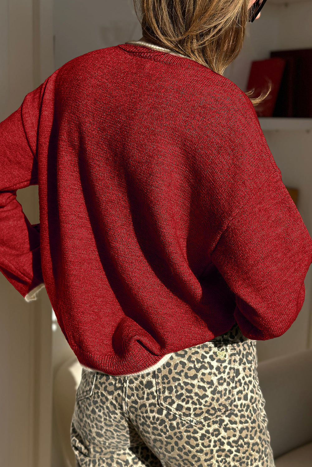 Racing Red Leopard Bow Decor Split Cuffs Contrast Trim Sweater
