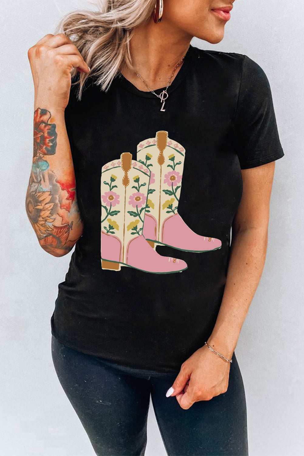 Black Floral Boots Graphic T Shirt