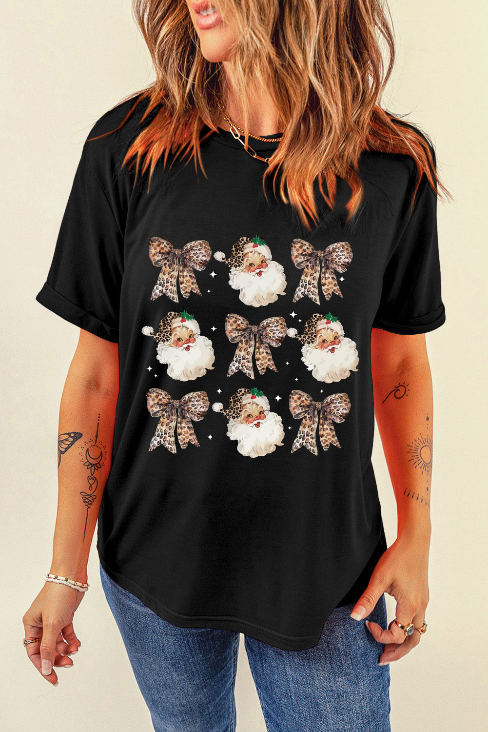 Black Santa Claus Leopard Bow Heat Transfer Printing Crew Neck Casual T Shirt
