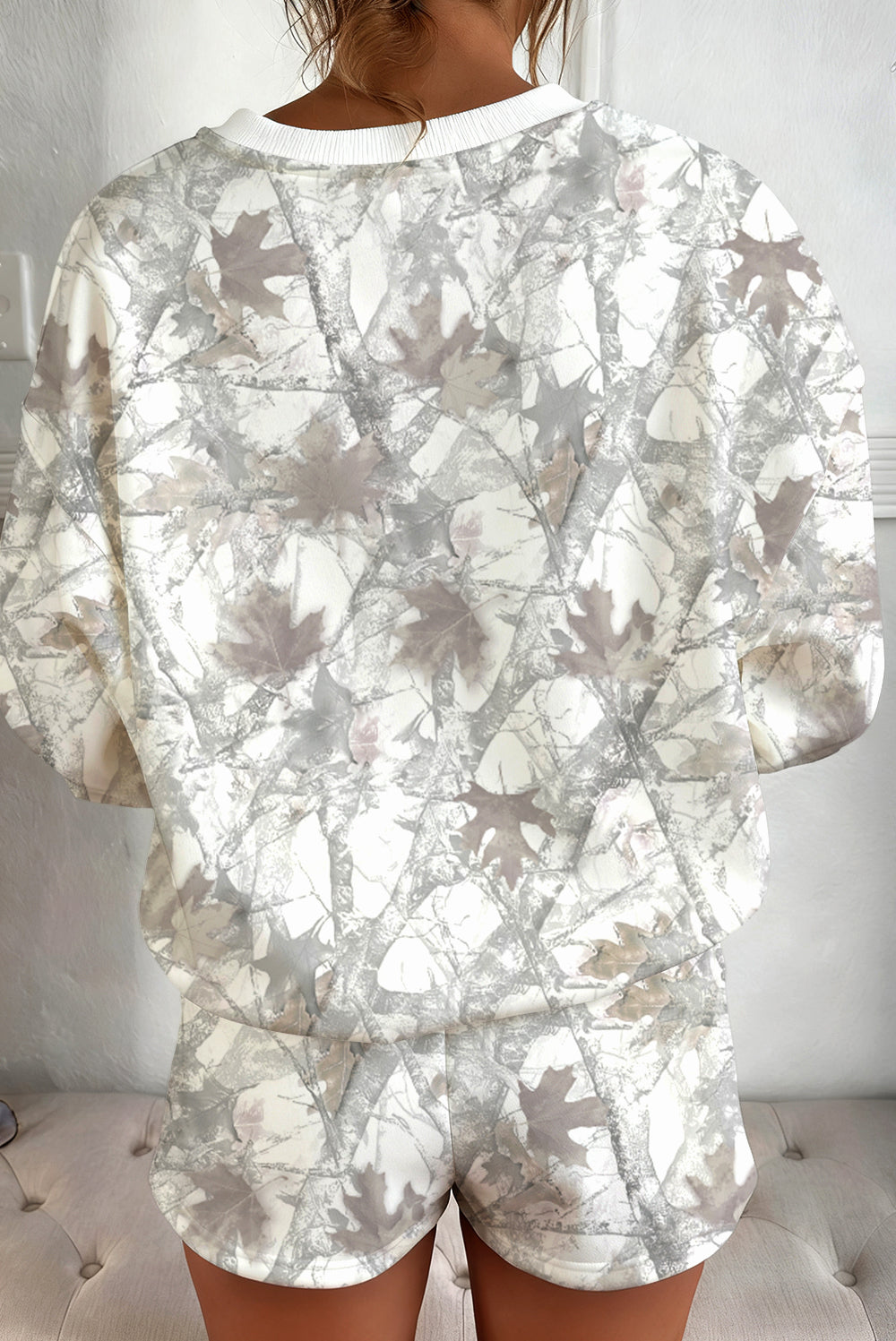 Light Grey Camouflage Print Round Neck Drop Sleeve Shorts Set