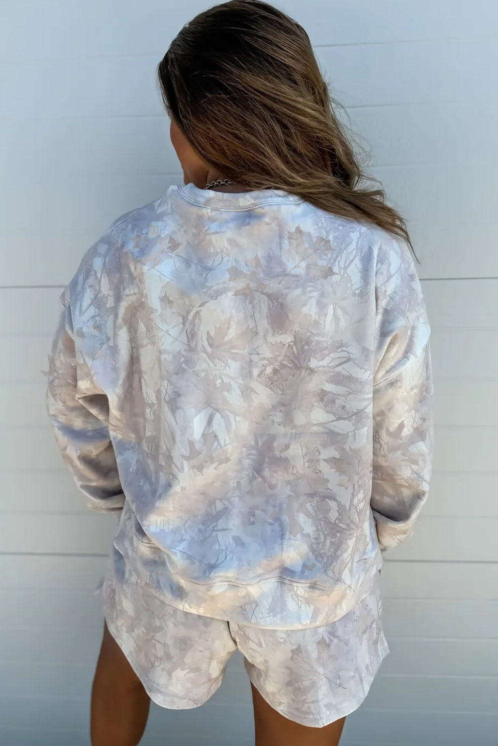 Beige Abstract Maple Leaf Print Long Sleeve Top Elastic Waist Shorts Set