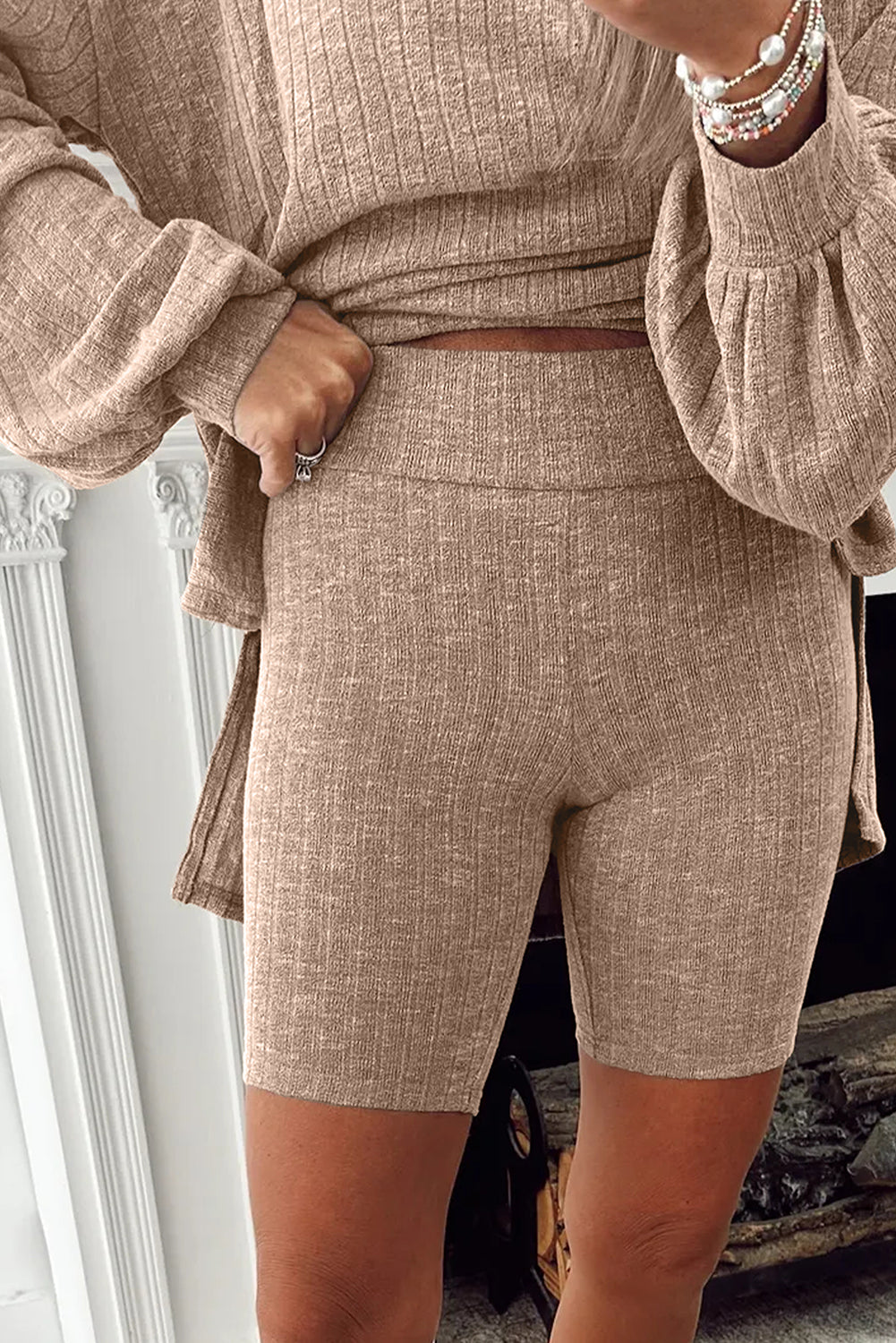 Dark Khaki Ribbed Balloon Sleeve Pullover Top and Biker Knitted Shorts Set