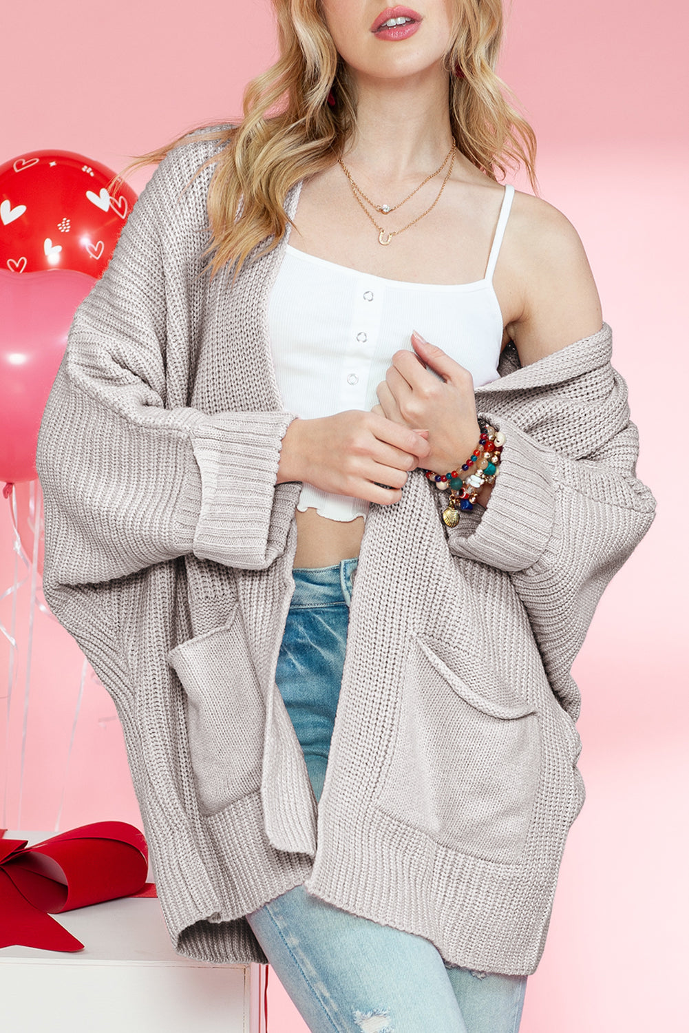 Gray Batwing Sleeve Pocket Oversized Cable Knit Cardigan