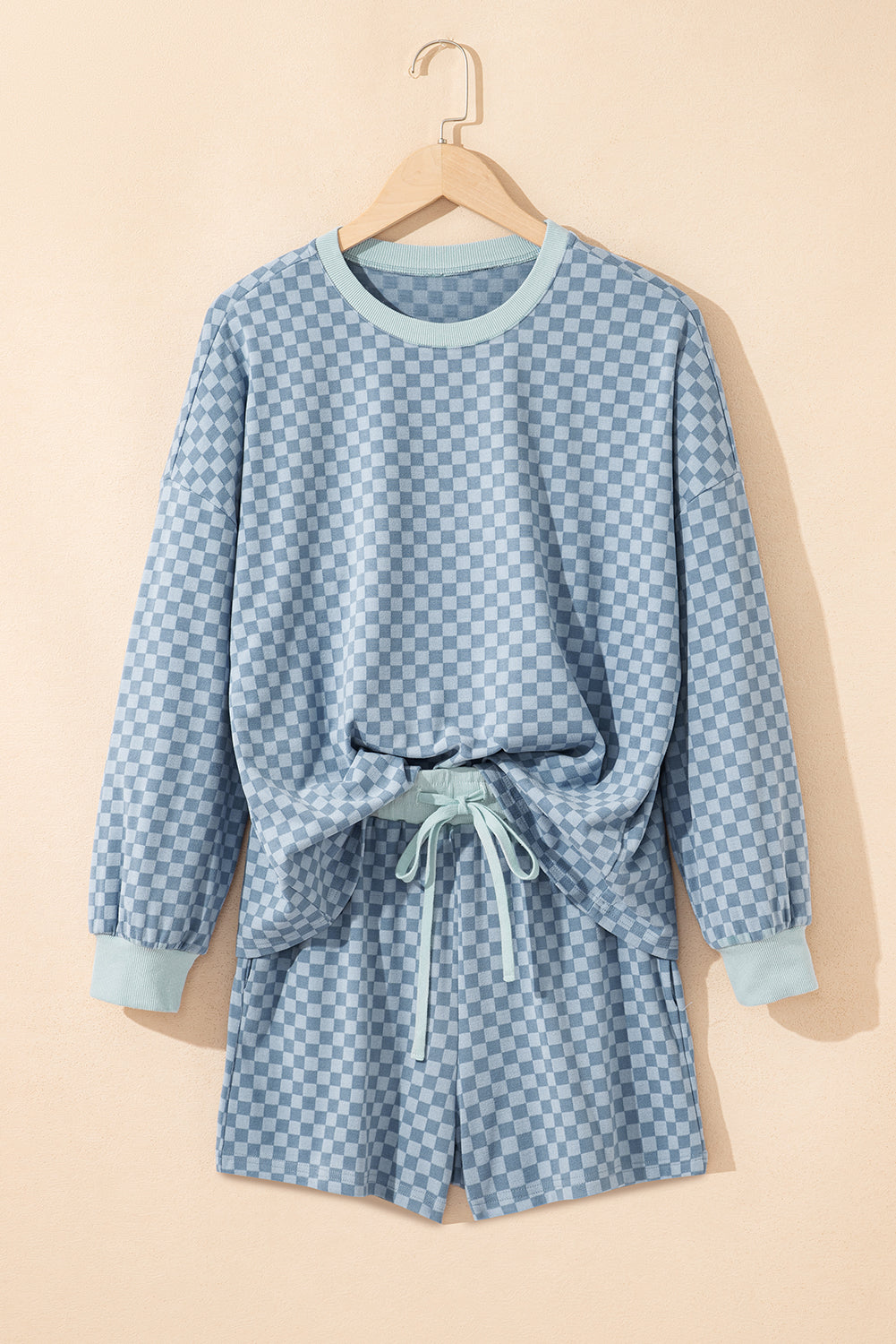 Sky Blue Checkerboard Contrast Trim Long Sleeve Pullover and Shorts Set