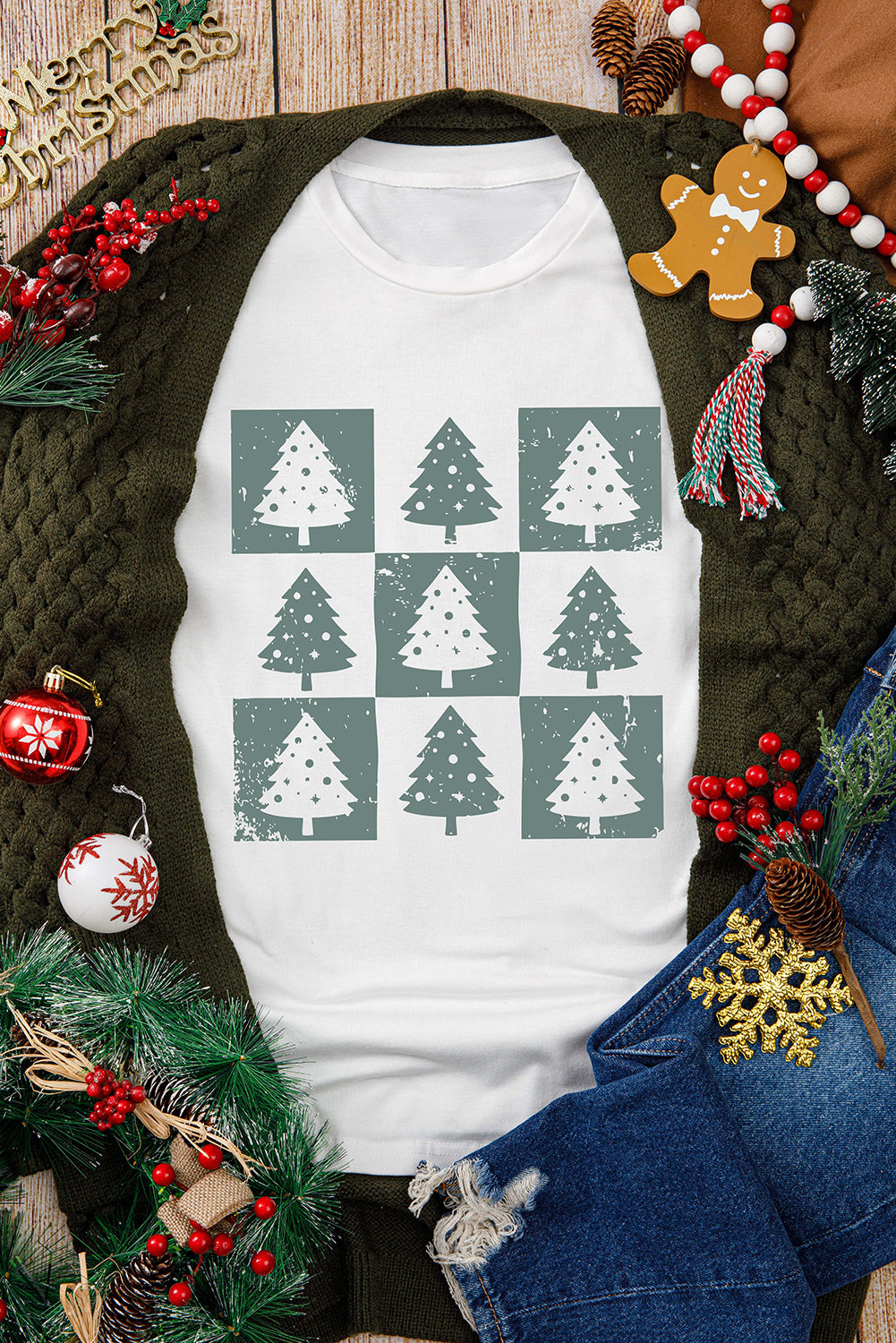 White Christmas Tree Checkered Distressed Heat Transfer Printing Graphic Tee