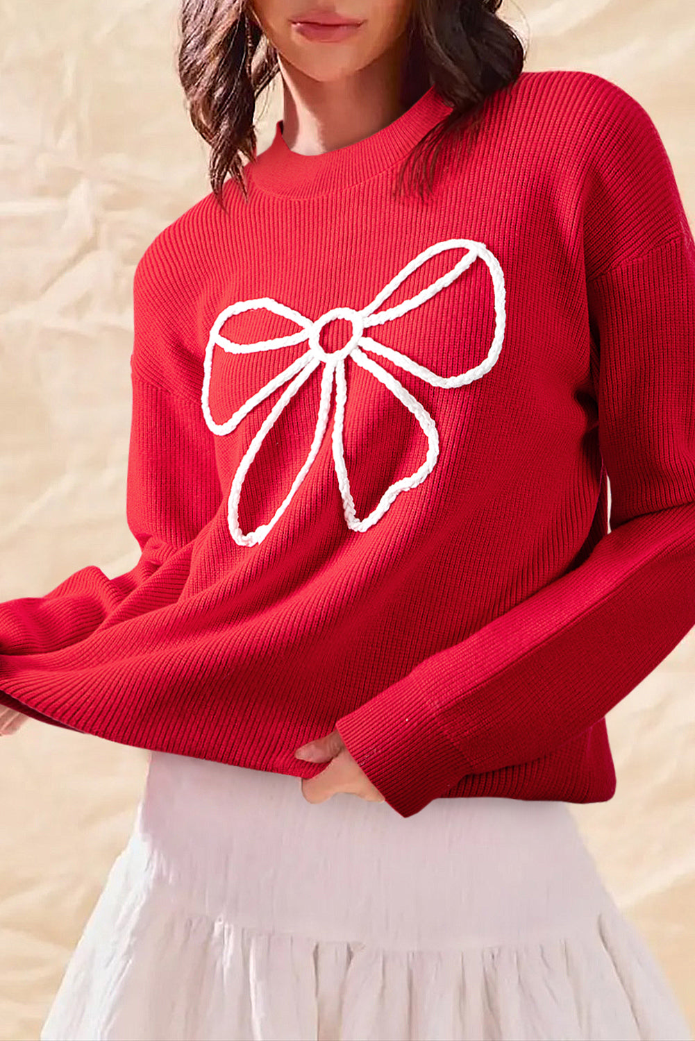 Fiery Red Braided Bow Pattern Sweater