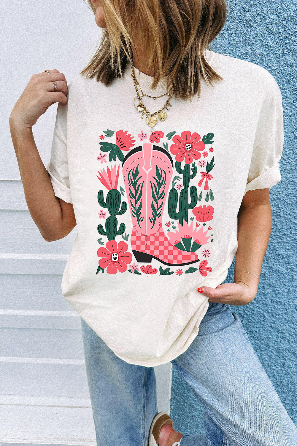 White Boots Flower Print Round Neck Graphic T Shirt
