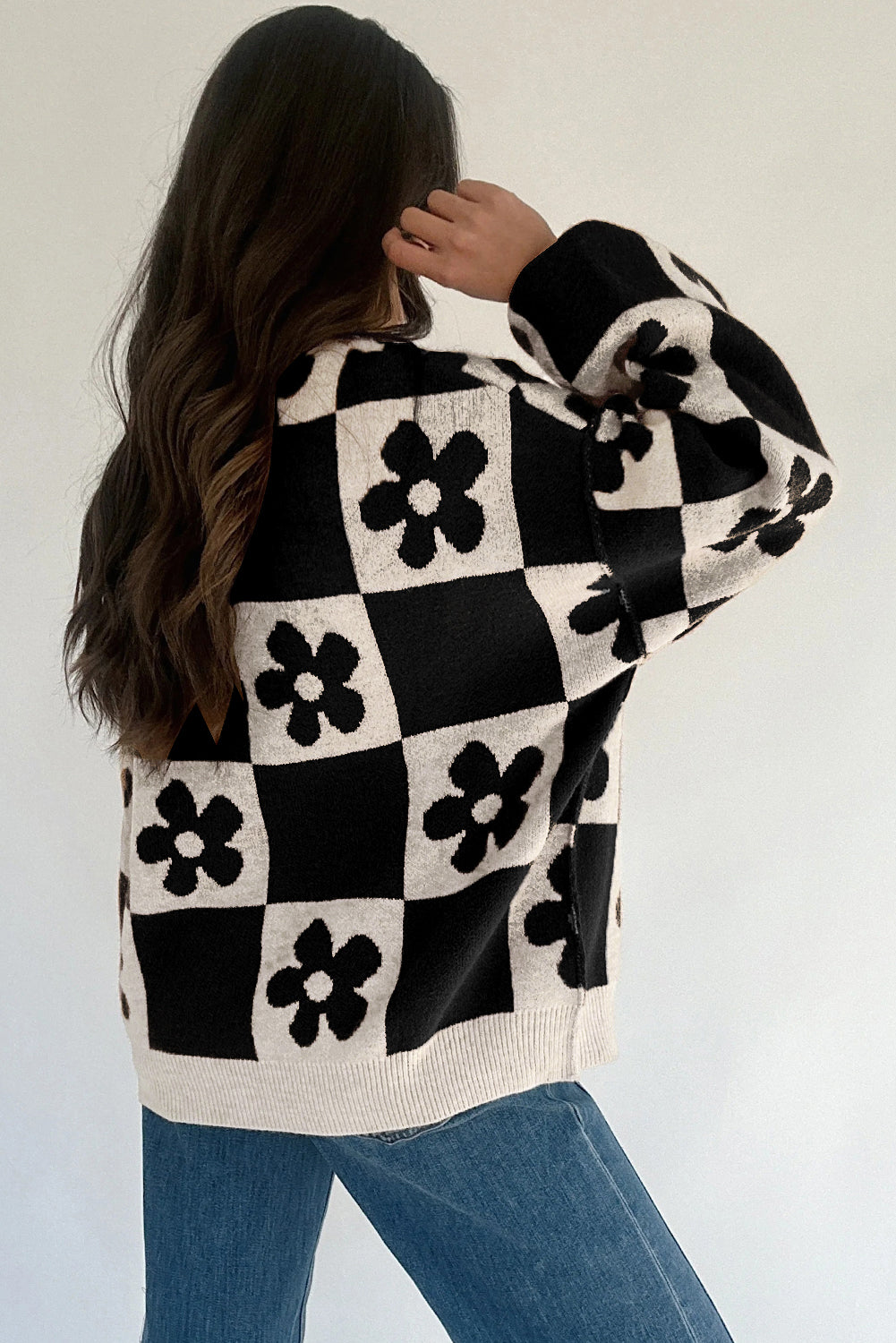 Black Flower Colorblock Checkered Henley Sweater