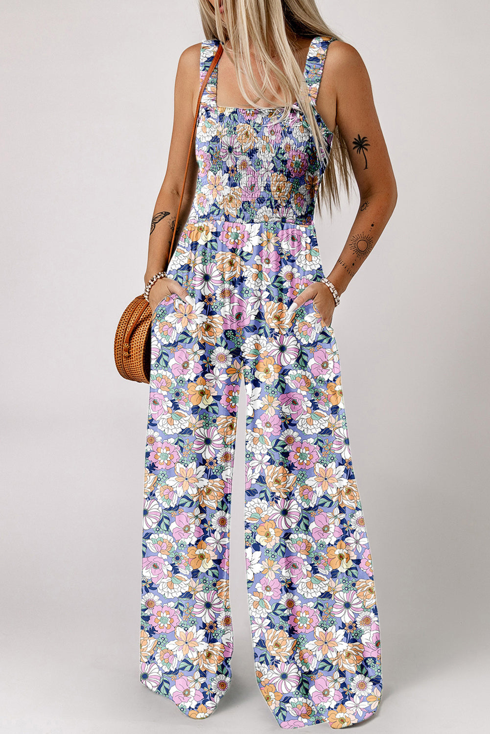 Purple Floral Square Neckline Stretch High Waist Jumpsuit
