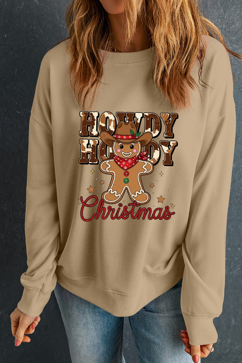 Khaki Howdy Christmas Western Gingerbread Man Pullover Sweatshirt