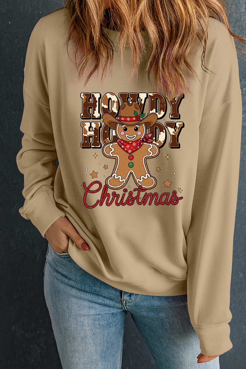 Khaki Howdy Christmas Western Gingerbread Man Pullover Sweatshirt