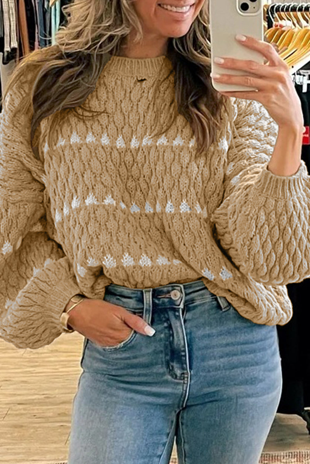 Pale Khaki Contrast Detail Textured Knit Puff Sleeve Baggy Sweater