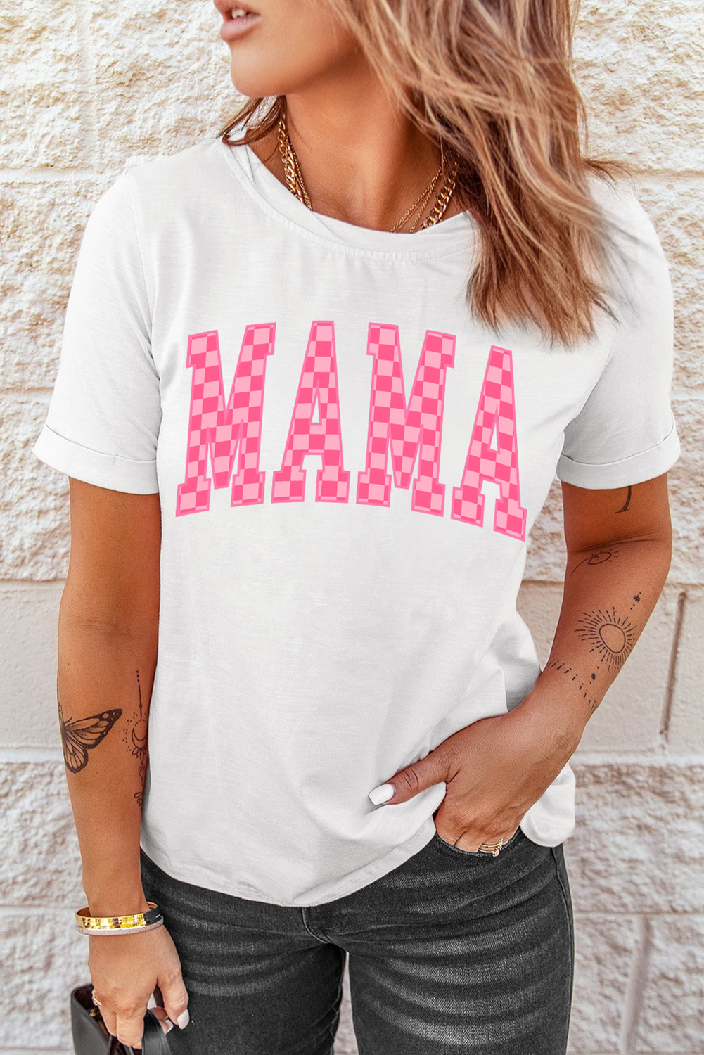 White Checkered MAMA Letter Heat Transfer Printing Graphic T Shirt