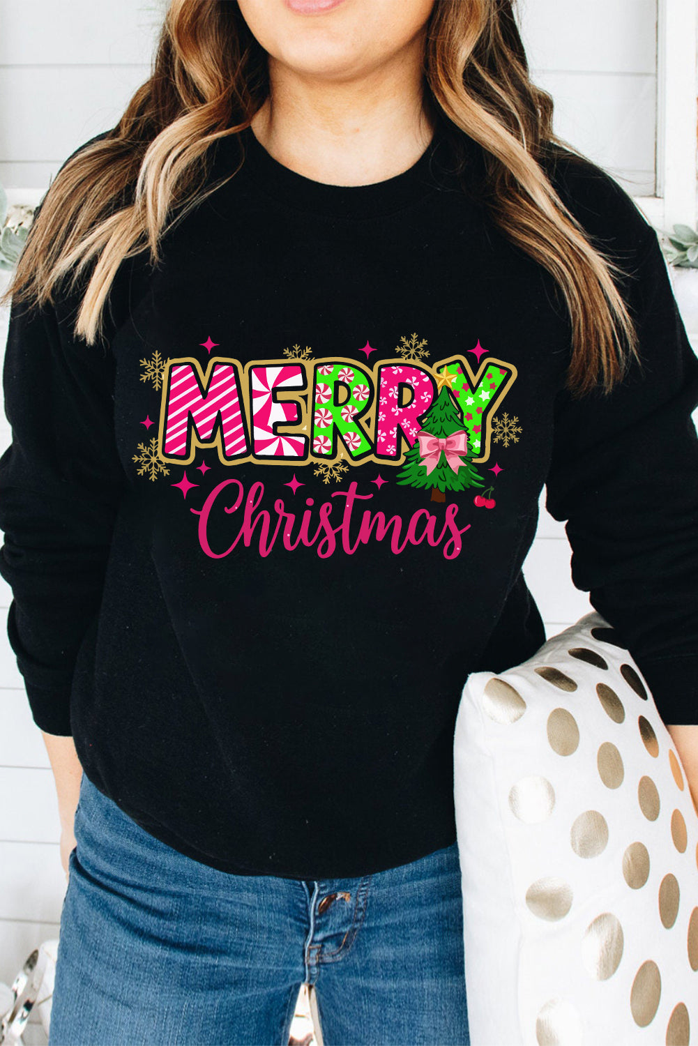 Black MERRY Christmas Letter Heat Transfer Printing Drop Shoulder Sweatshirt