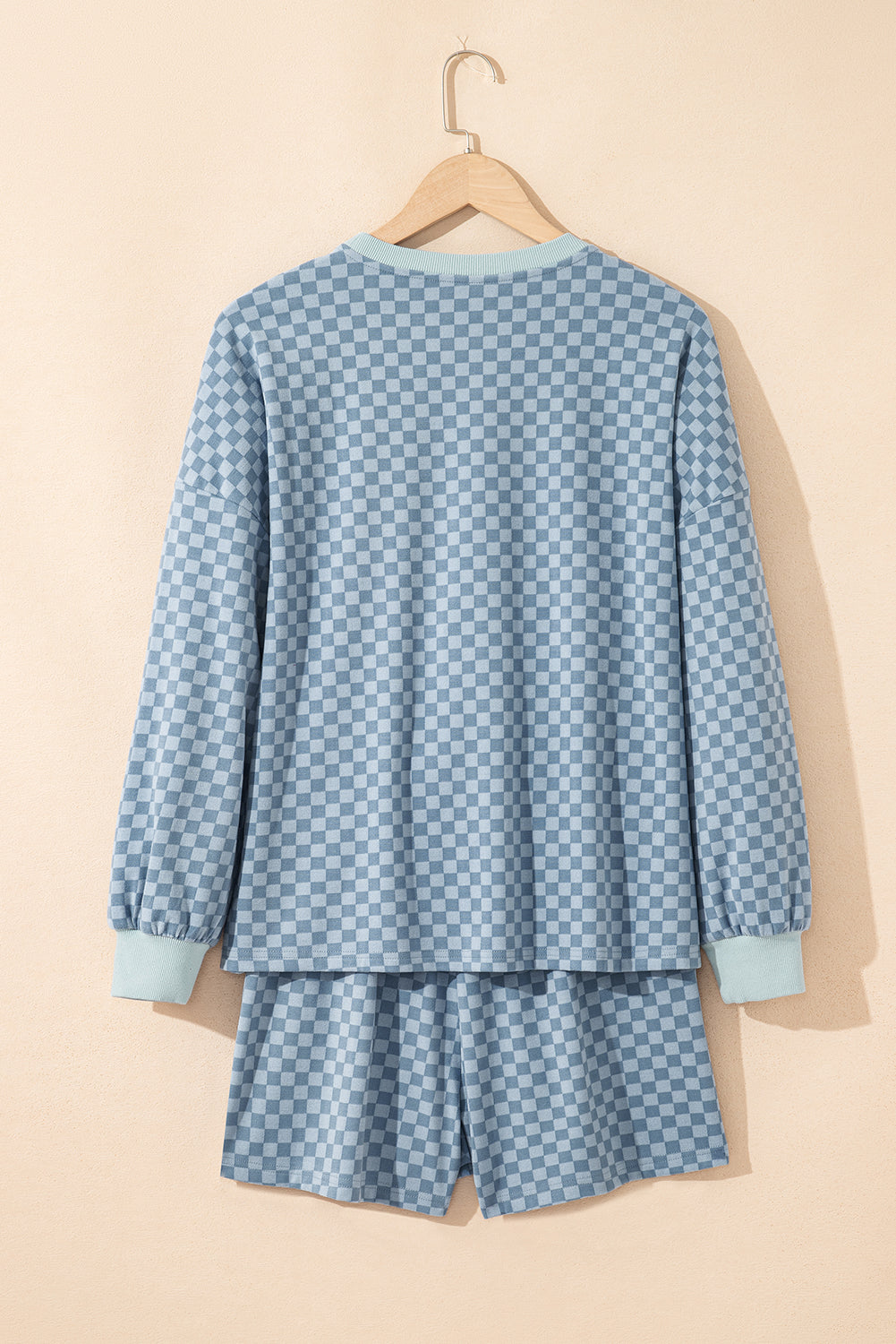 Sky Blue Checkerboard Contrast Trim Long Sleeve Pullover and Shorts Set