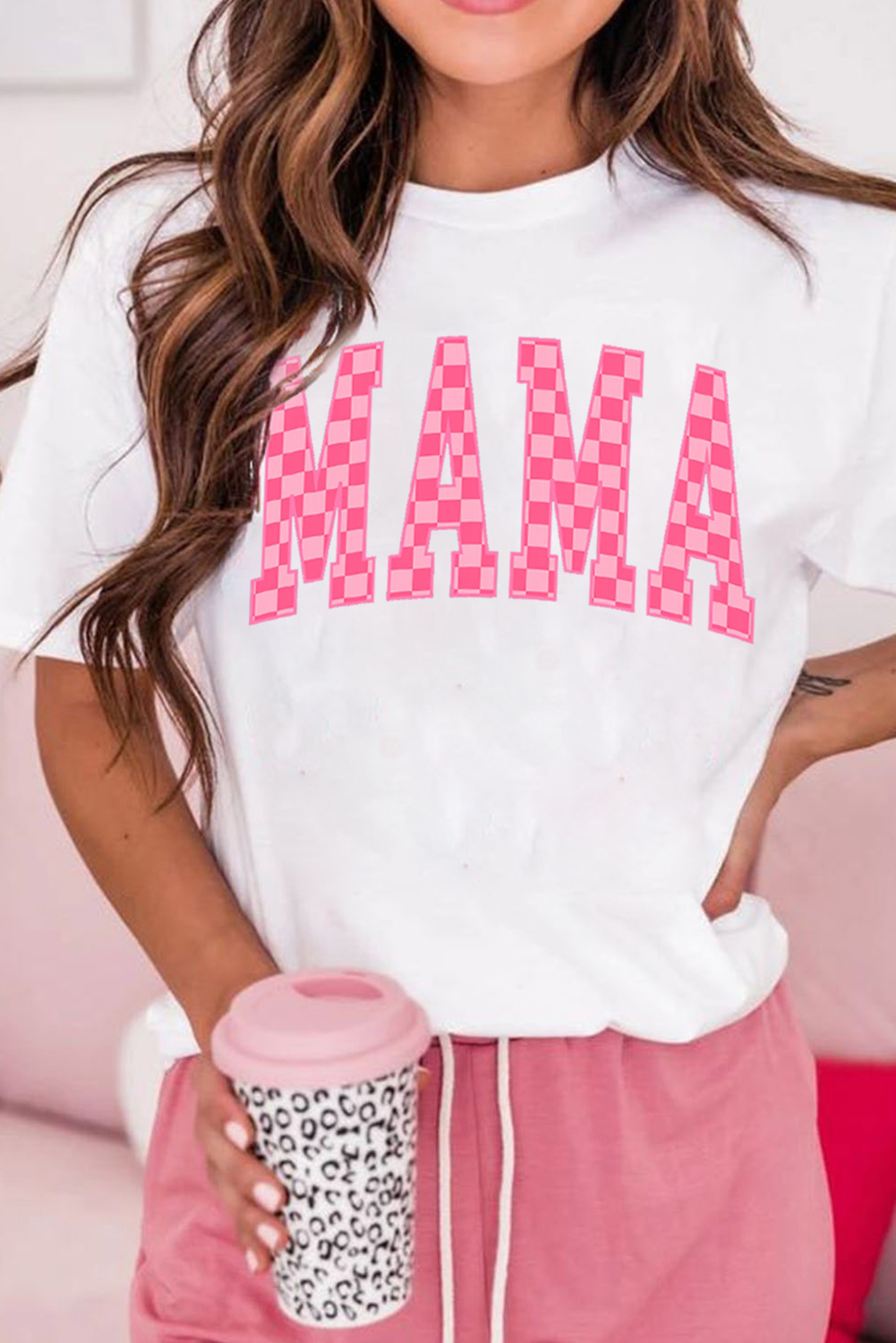 White Checkered MAMA Letter Heat Transfer Printing Graphic T Shirt