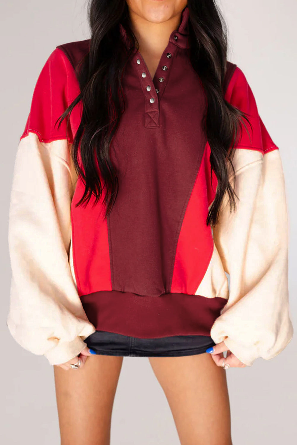 Fiery Red Colorblock Patchwork Oversized Sweatshirt